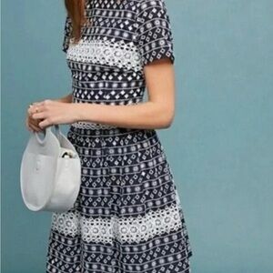 Monique Lhuillier Navy and White Patterned Midi Fit-and-Flare Dress